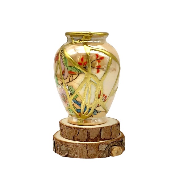 Kintsugi Vase Mini Lusterware Floral Bird Gold Crack Occupied Japan Growth Gift - Picture 10 of 14